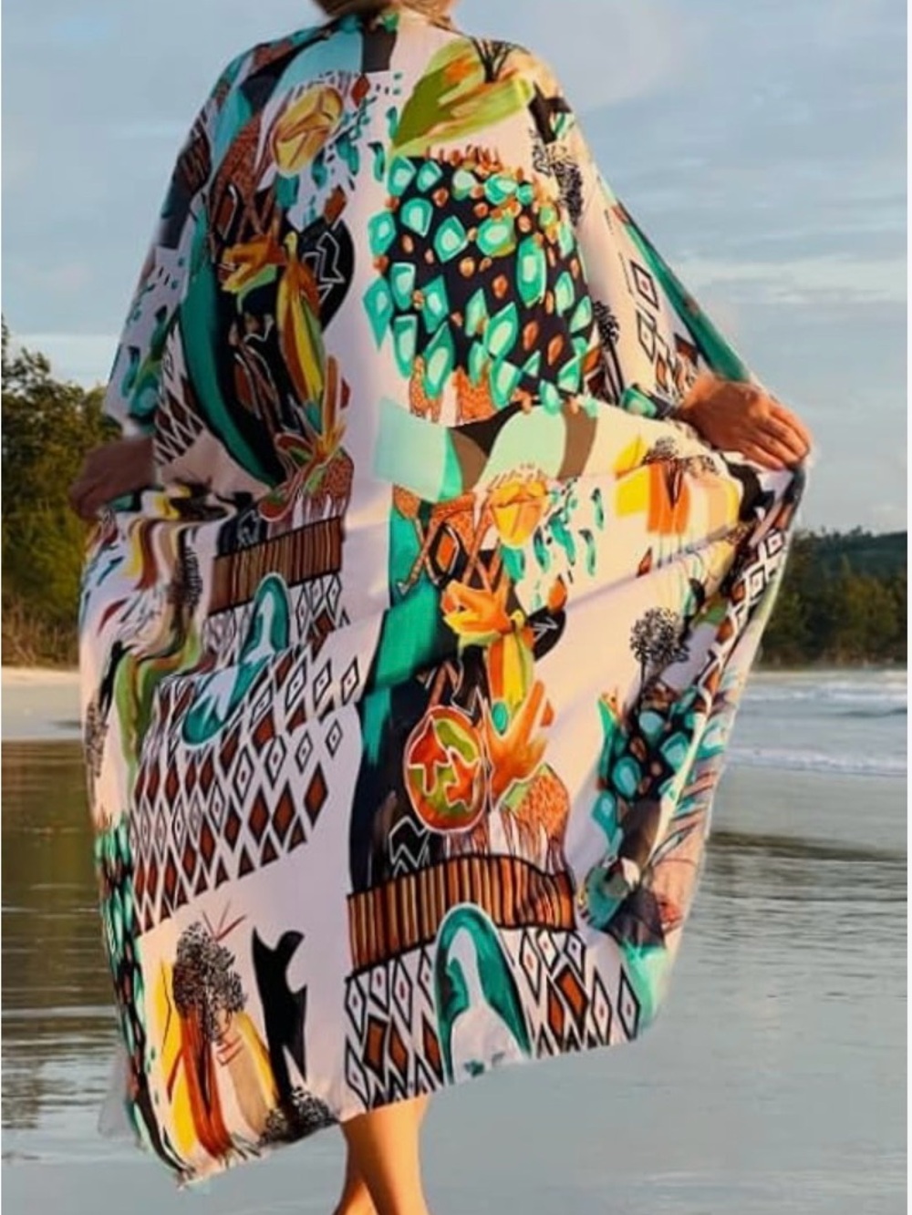 Printed Teal & White Beach Cover-Up Kimono